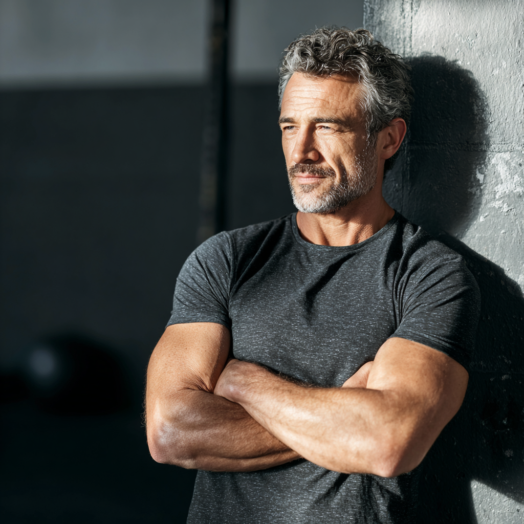 Confident middle-aged man focusing on personal development and physical training