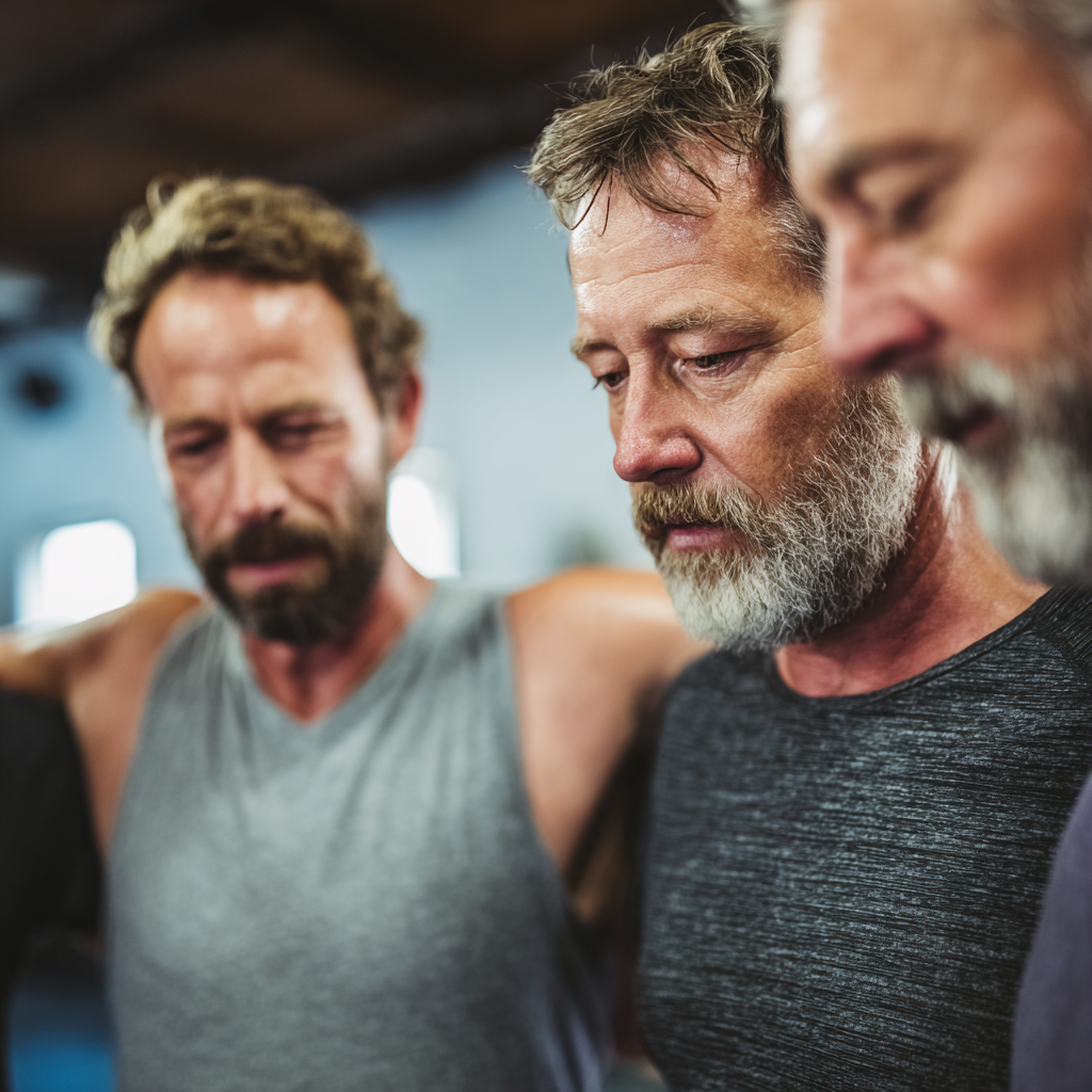 Group of middle-aged men supporting each other in fitness and personal development journey