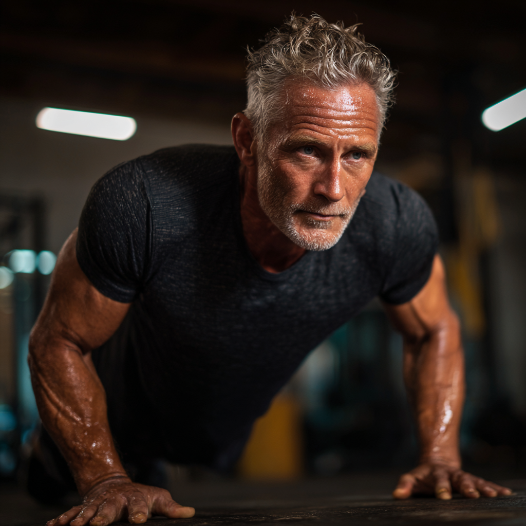 Mature man achieving his fitness and personal development goals with determination